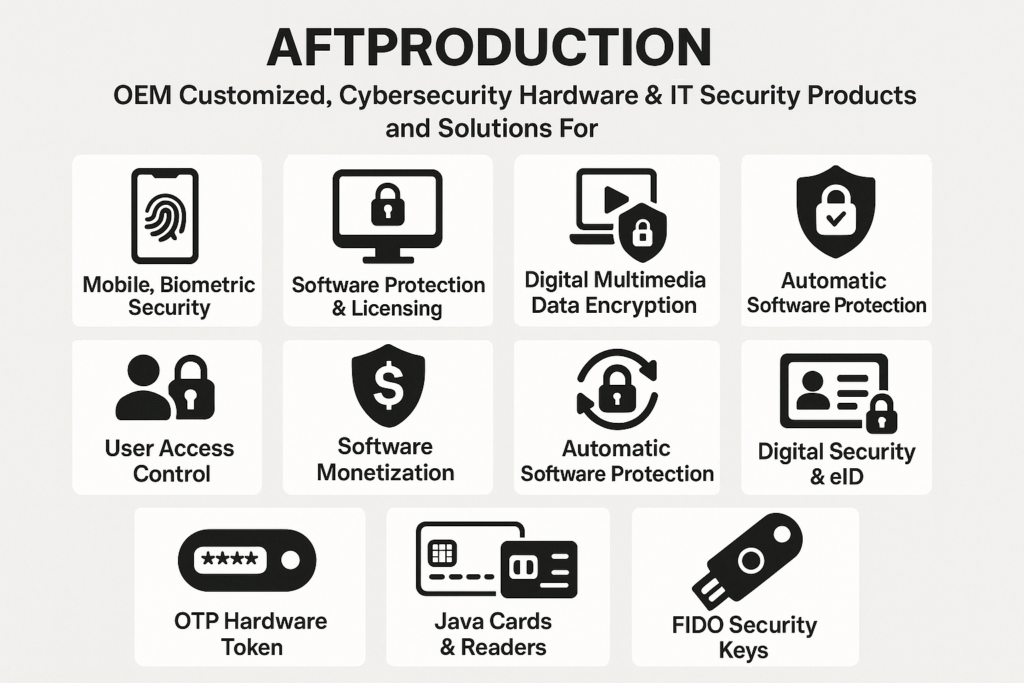 Aftproduction provide OEM Customized, Cybersecurity hardware & IT Security Products and Solutions For Mobile, Biometric Security, Software Protection & Licensing, Digital Multimedia Data Encryption, User Access Control, Software Monetization, Automatic Software Protection, Identity & Access Management (IAM), Multi-Factor Authentication, Digital Security & eID, OTP Hardware Token, Java Cards & Readers, FIDO Security Keys.